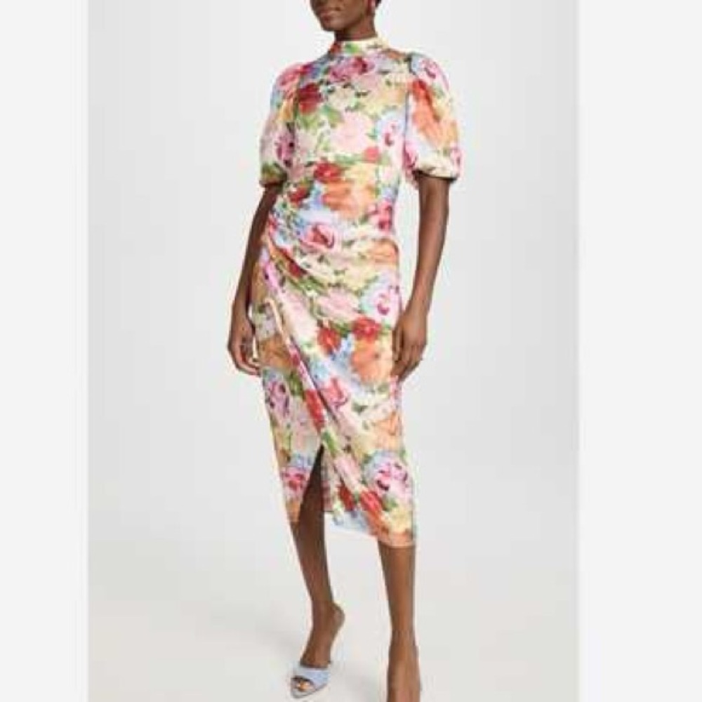 Floral Midi Dress with Puff Sleeves - Pink Multi